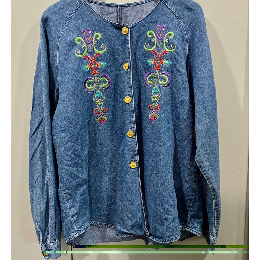 Saint Germain Denim Jacket Colorful Folk Embroidery Gold Buttons Oversized XL